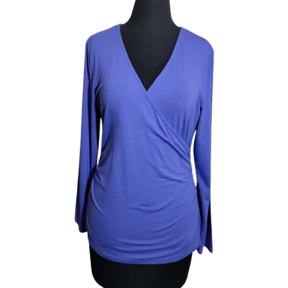 Kettlewell blue faux wrap top medium long sleeve v neck stretch blouse